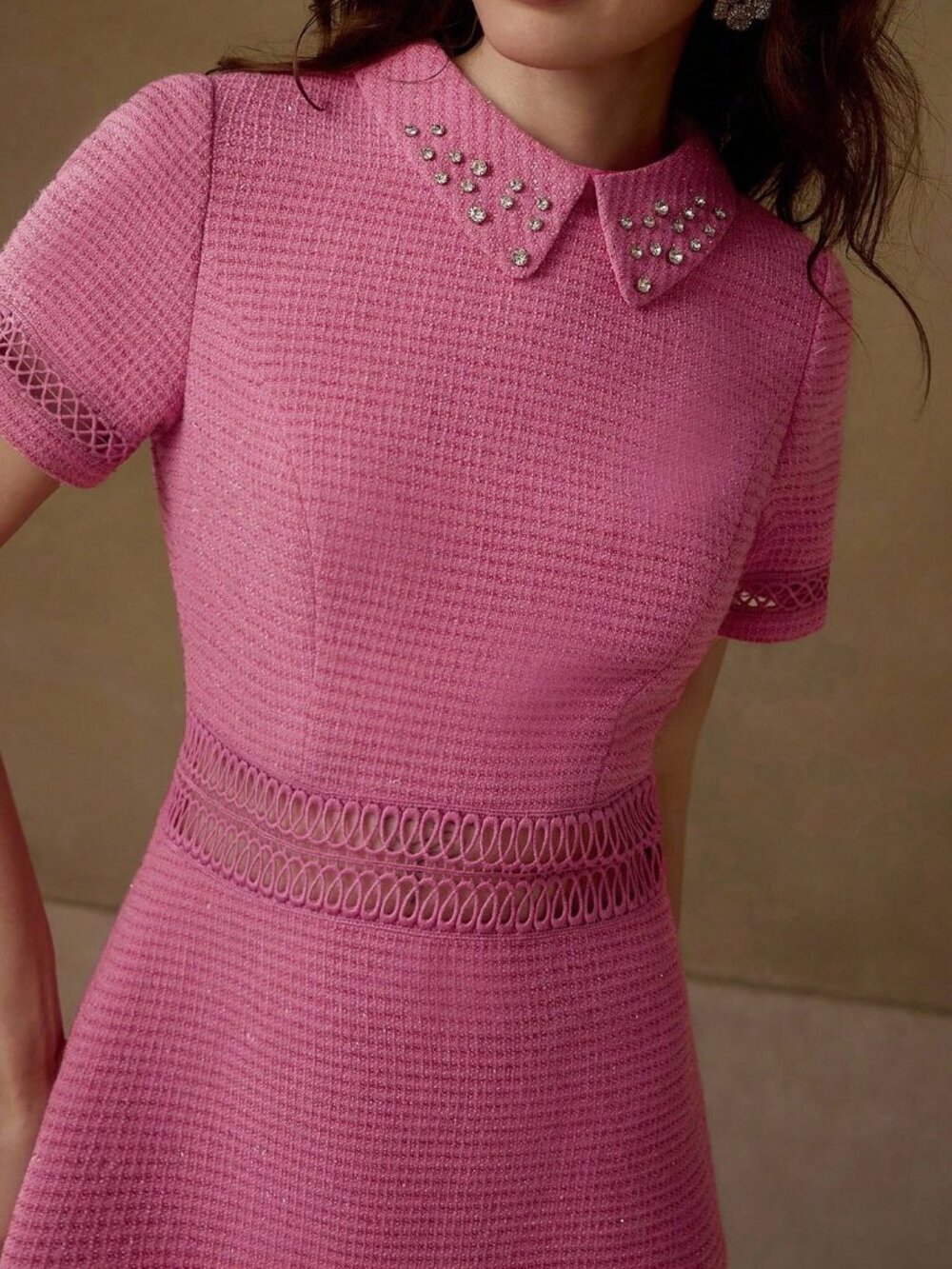 Hot Pink Elegant Women's Hollow Out Rhinestone Dress